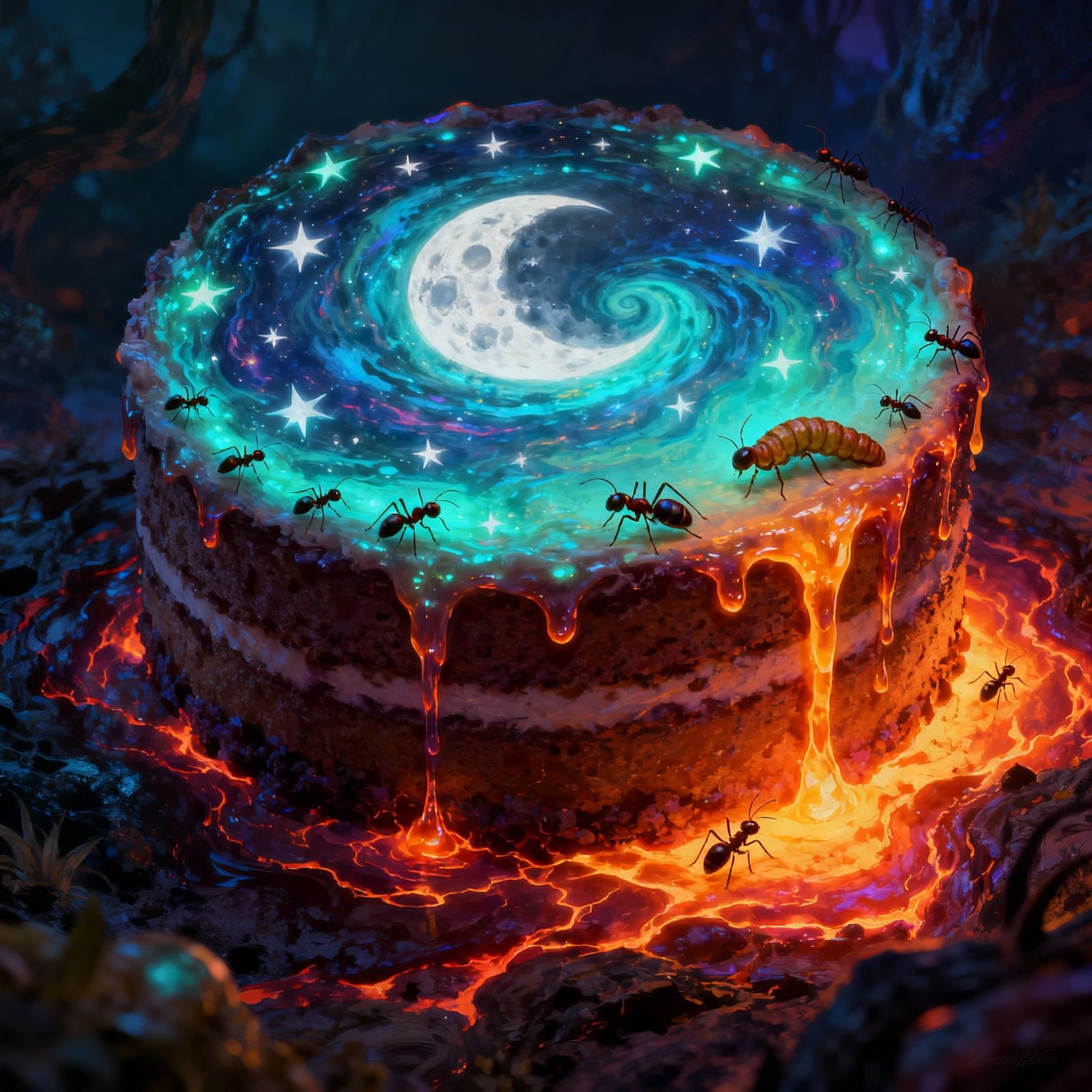 Bioluminescent Cake with Moon, Stars, and Lava