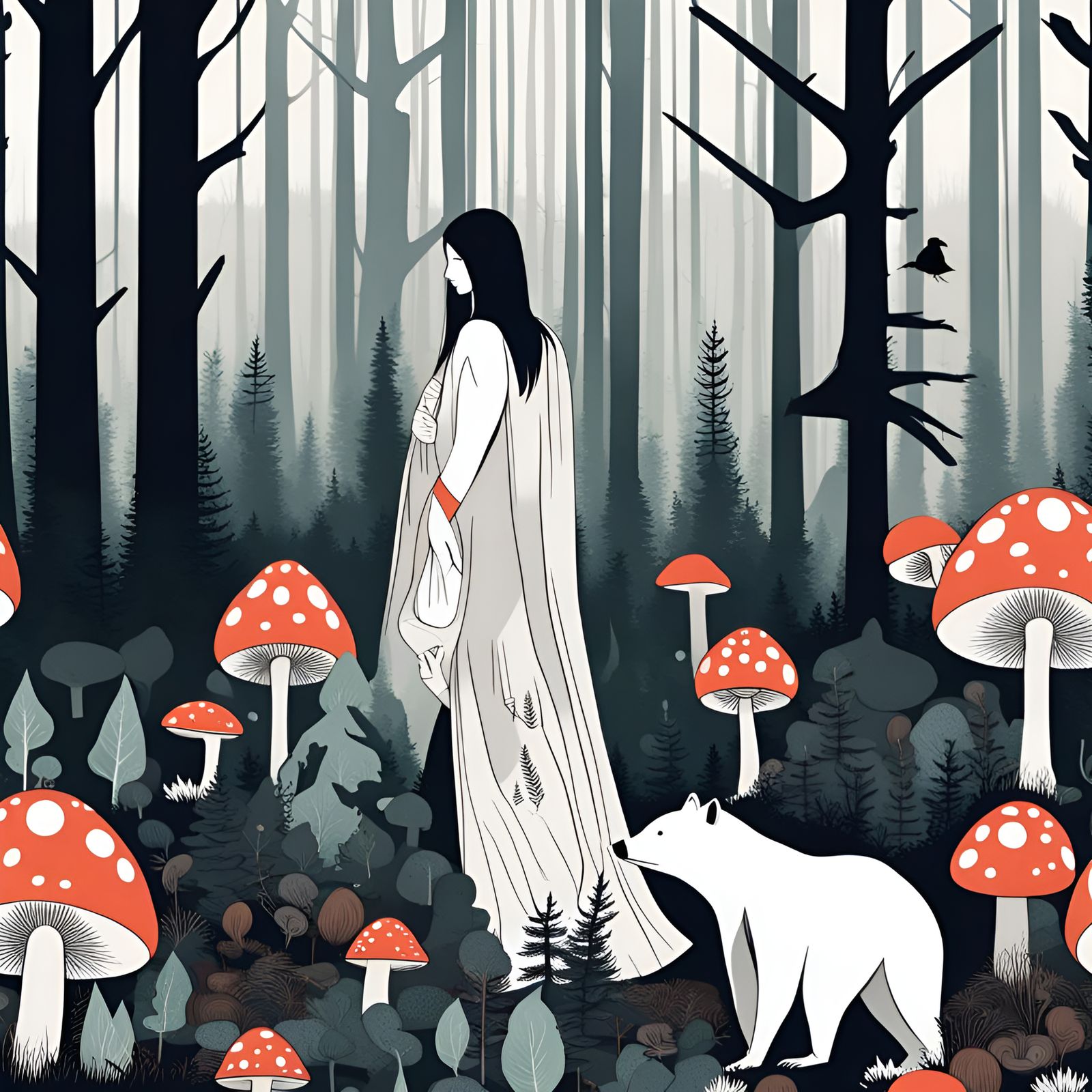 Scandinavian Forest With Wildlife and Woman