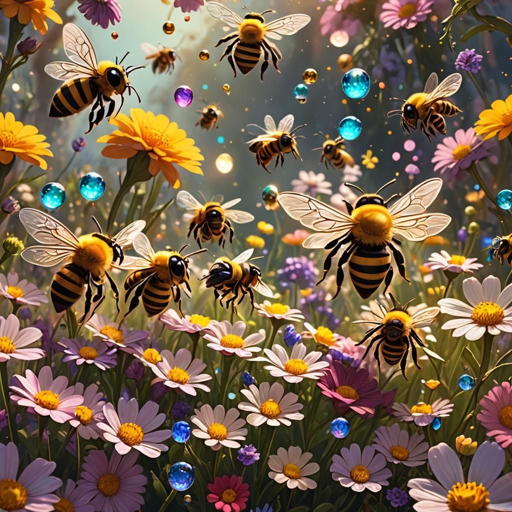 Macro Bees Buzzing Around Colorful Flowers