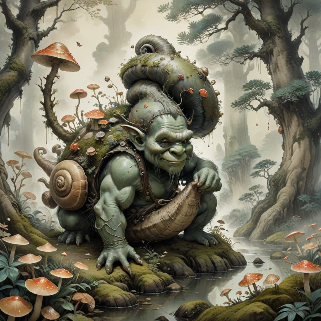 Troll on Snail: Chinese Ink Fantasy Illustration