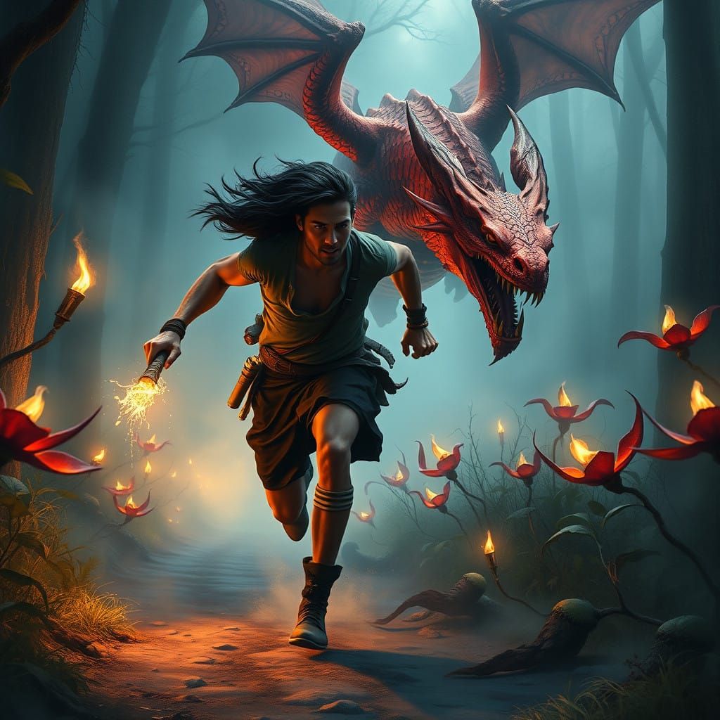 Heroic Adventurer Fends Off Fiery Dragon in Shrouded Forest
