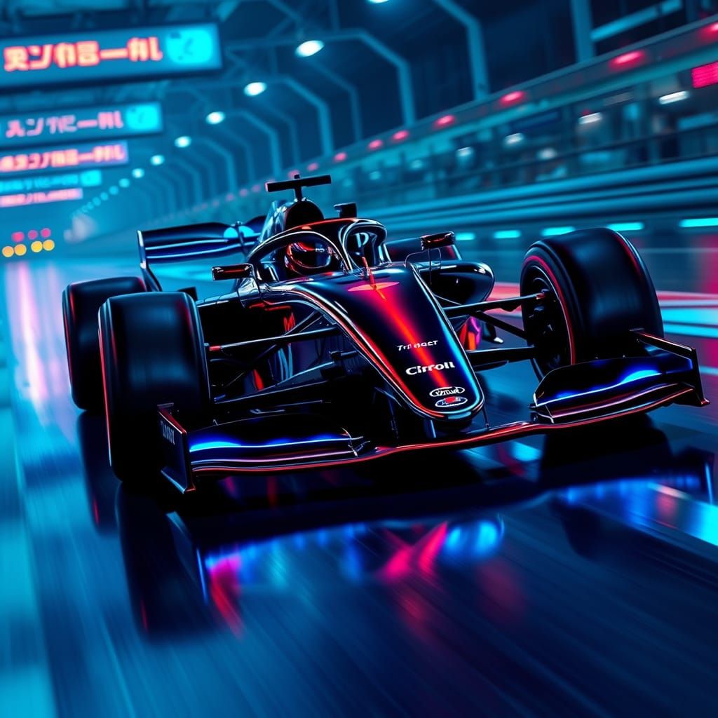 Futuristic Formula 1 Car Speeds Down Neon-Lit Track at Night...