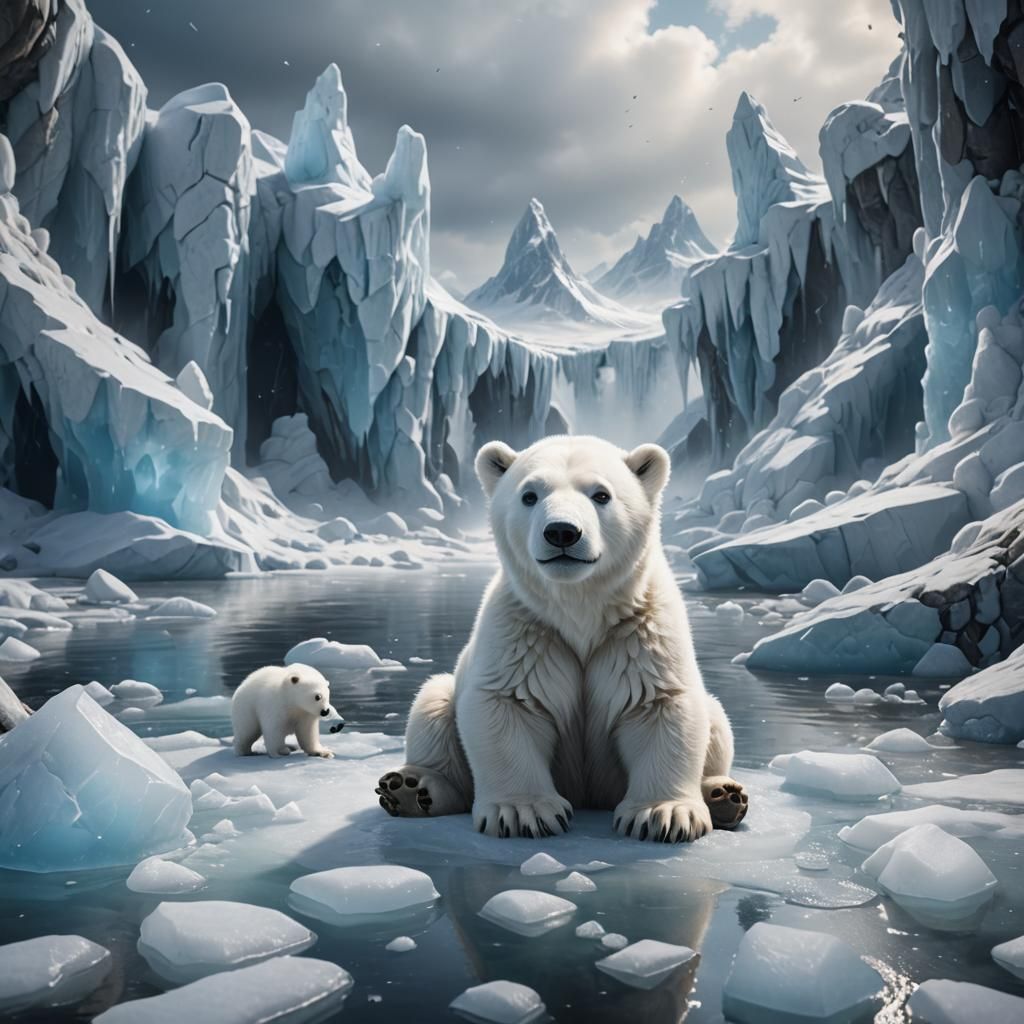 Snow White Polar Bear Cub on Ice