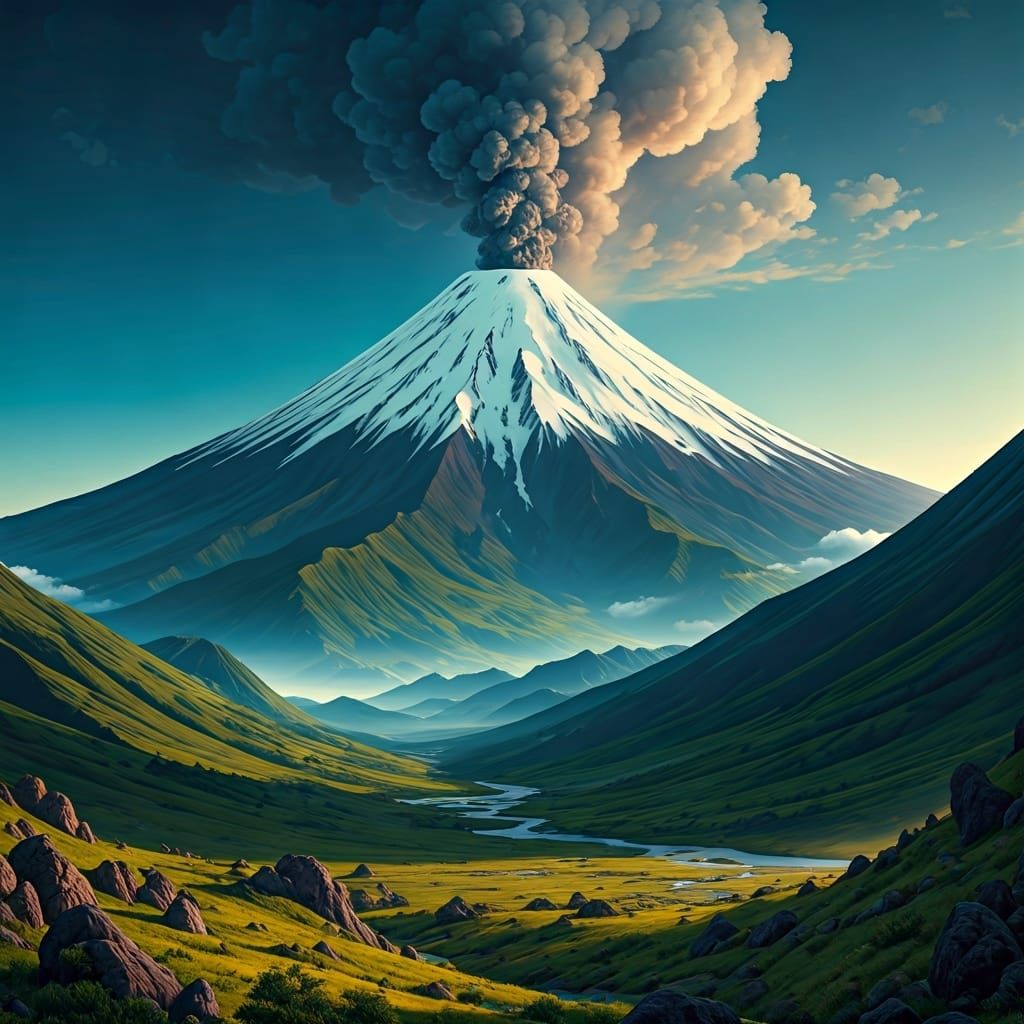 Snow-Capped Volcano Over Lush Valley: Epic Scene