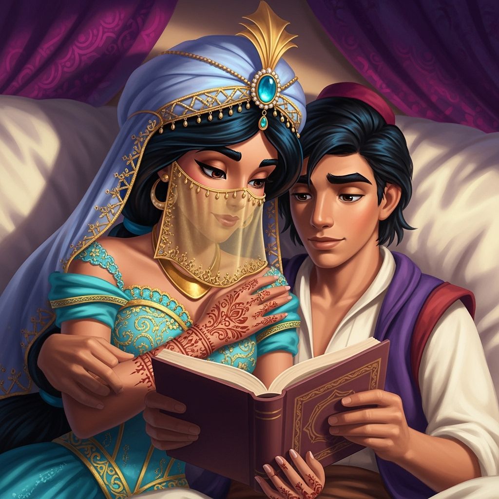 Arabian Bride Princess Jasmine Reading With Aladdin in Warm ...