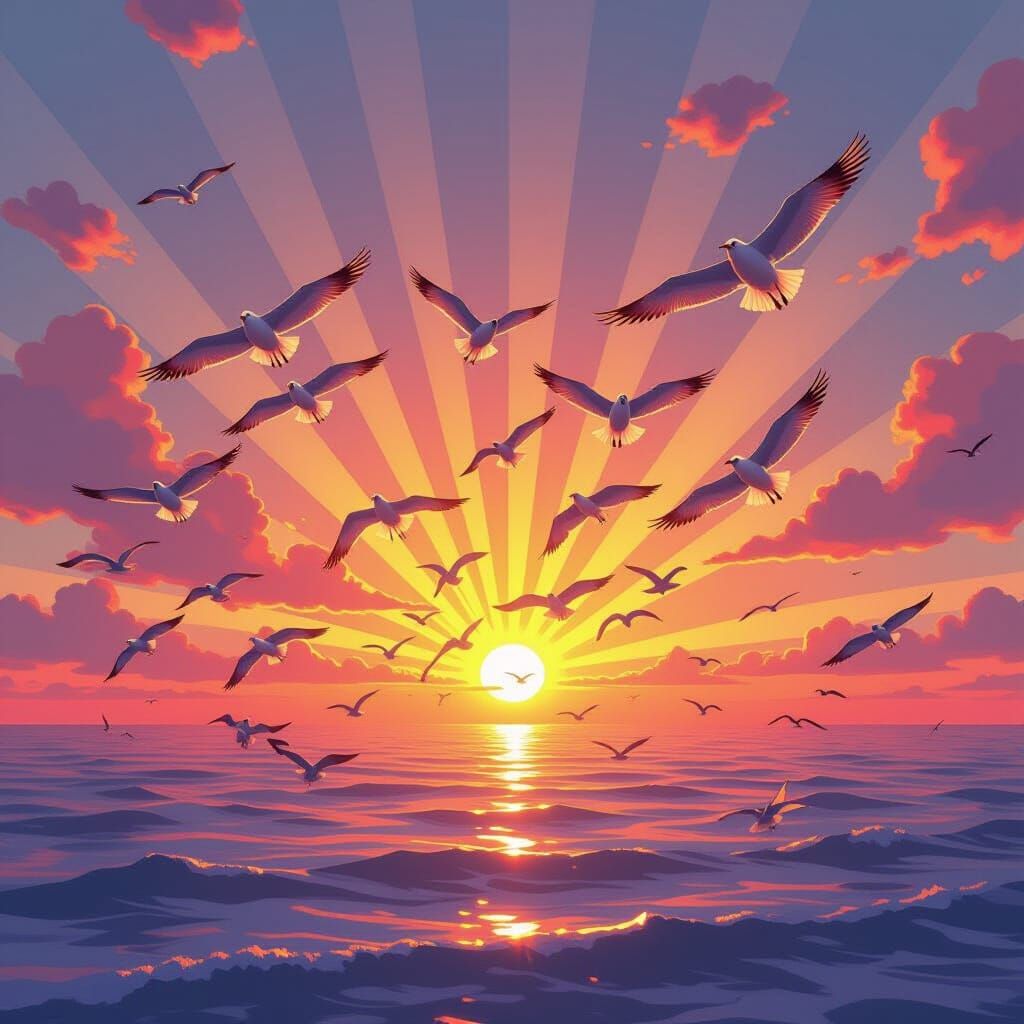 Seagulls Take Flight Over Lake Michigan at Sunset