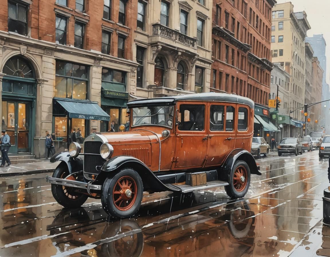 Vintage Car in City: Scientific Gouache Illustration
