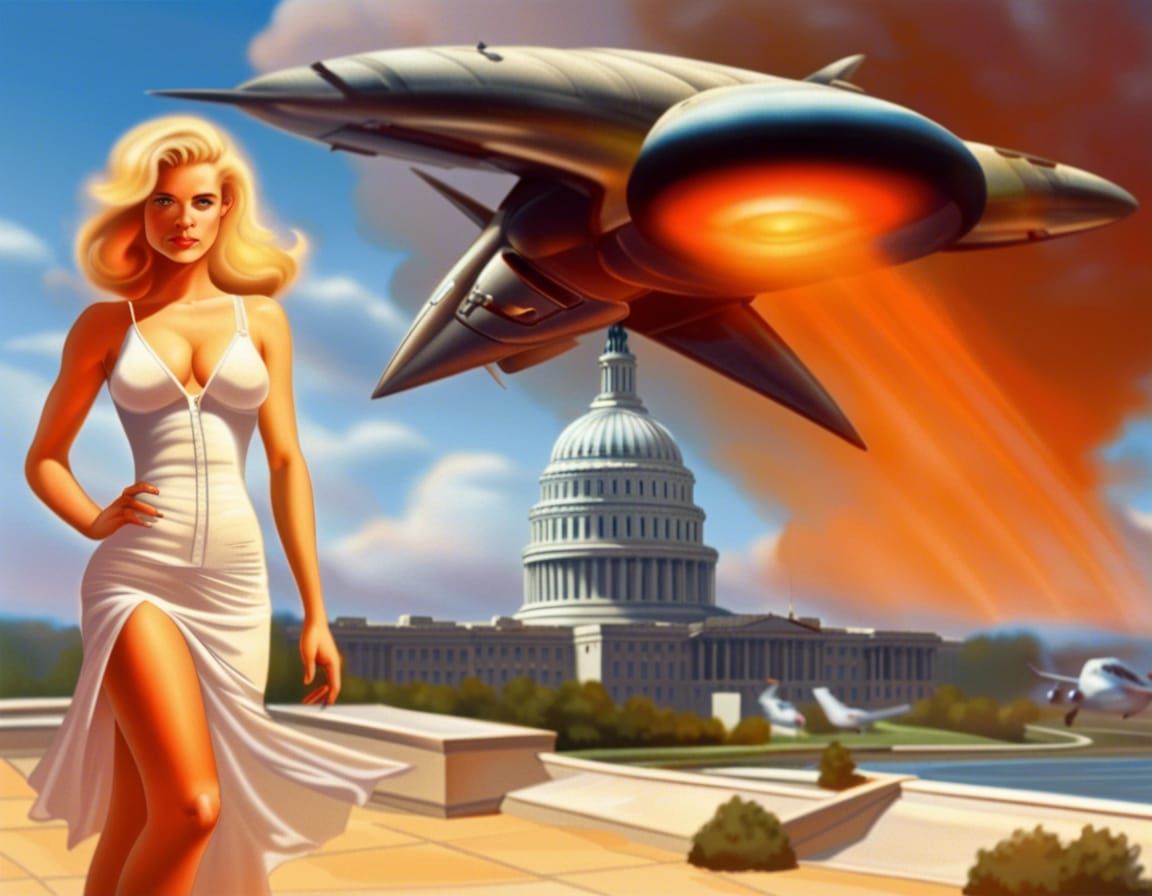 Surreal Scene: Frail Girl, UFO, US Capitol