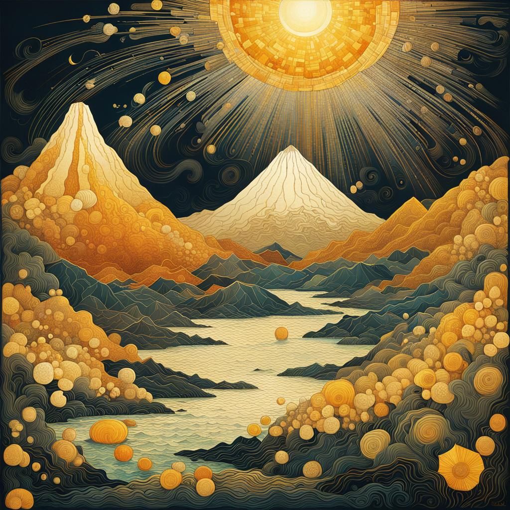 Glowing Volcano Seascape in Golden Spring