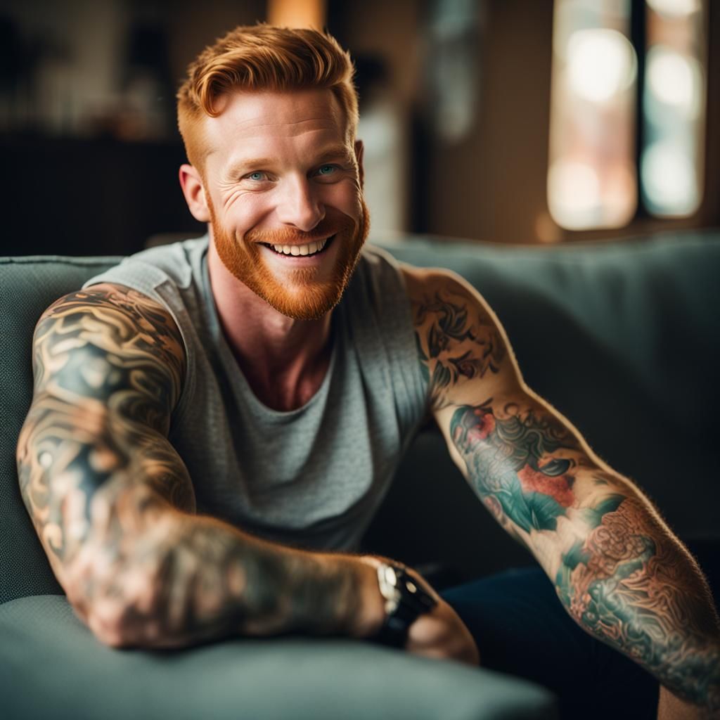 Ginger Man with Tattoos Relaxing on Sofa: Photography