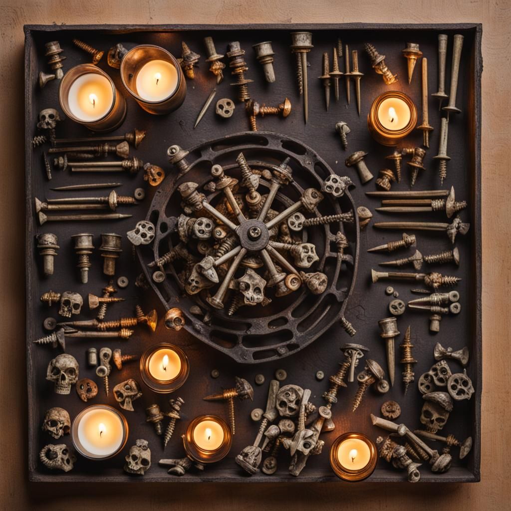 Sinister Altar with Bones, Candles and Metal