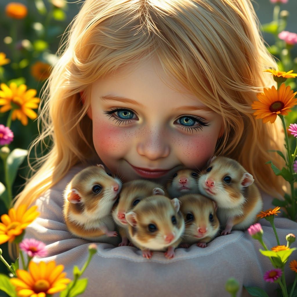 Golden Goddess with Russian Dwarf Hamsters in Whimsical Wond...