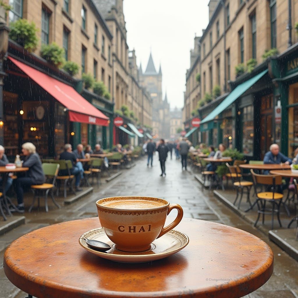 Whimsical Edinburgh Café Scene with Chai Tea