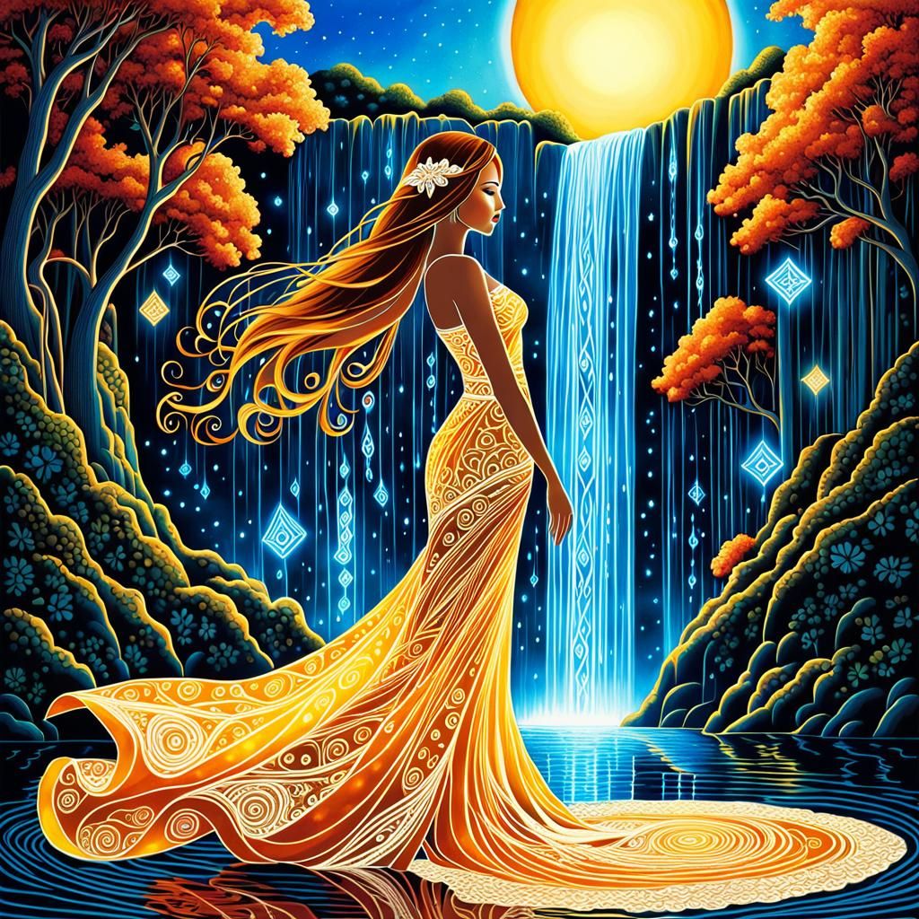 Woman in Rune Dress by Waterfall in Zentangle Style