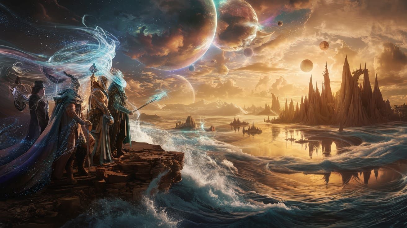 Ethereal Wizards Contemplate Stormy Seascape in Digital Pain...