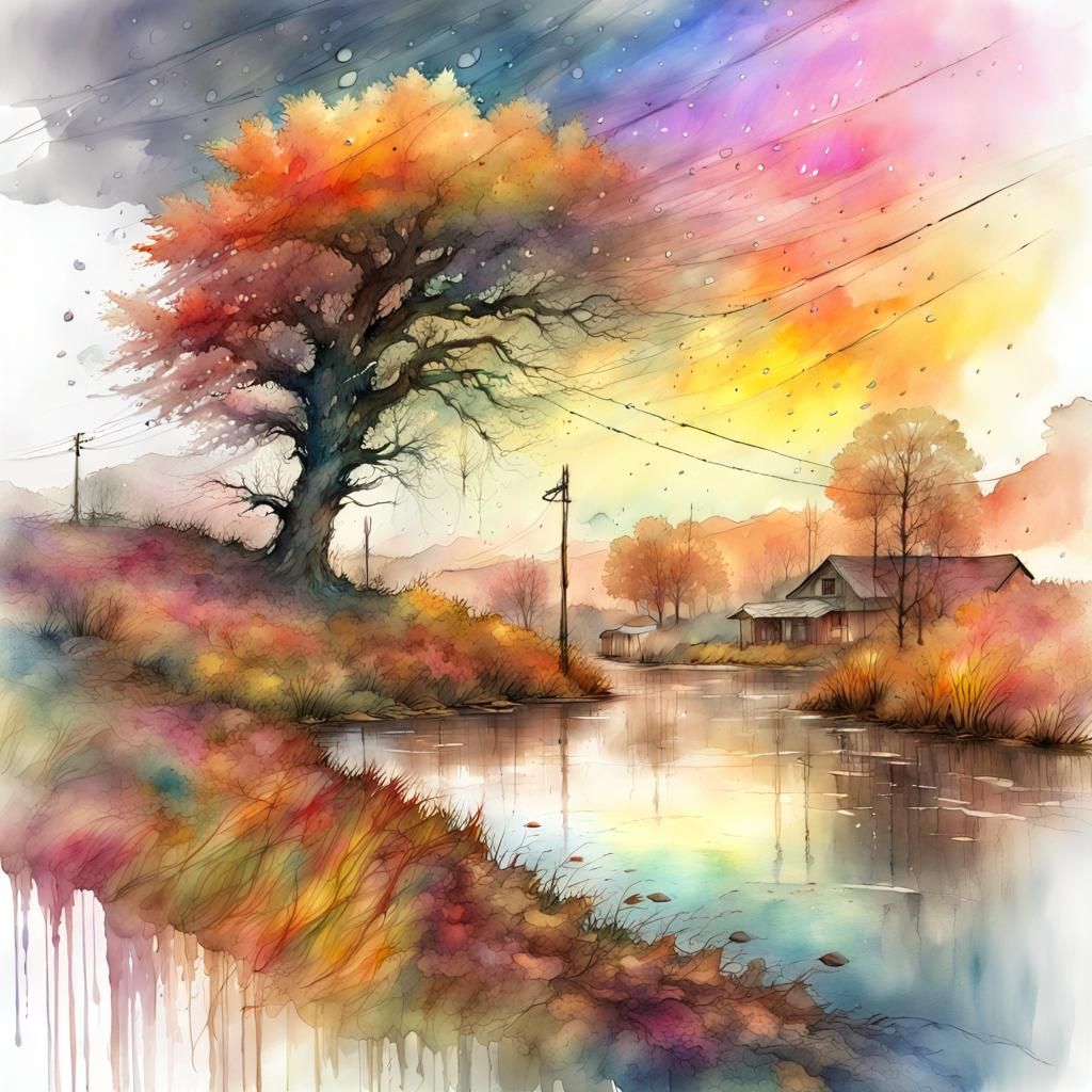 Beautiful Autumn Landscape in Digital Watercolor Style