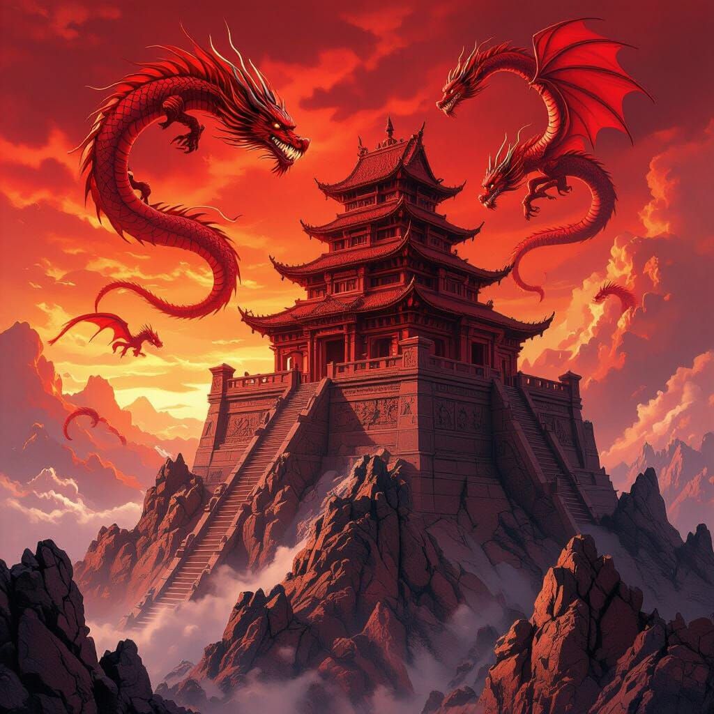 Crimson Temple on Mountain Peak with Soaring Dragons