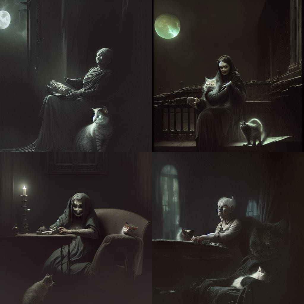 Sinister Old Woman with Cat: Matte Horror Painting