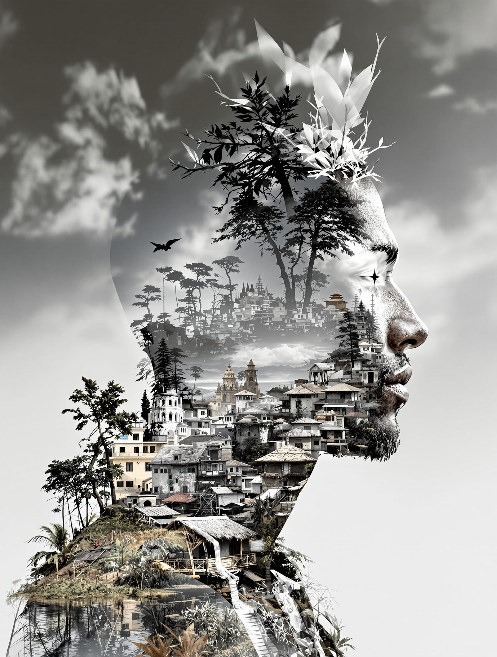 Optical Illusion: Tribal Village Double Exposure