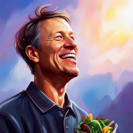 Hyperrealistic Tony Hawk Laughing Eating Salad