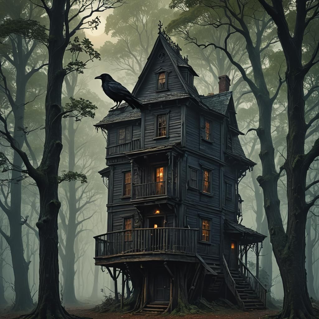 Raven and Cabin in Woods: Digital Matte Painting