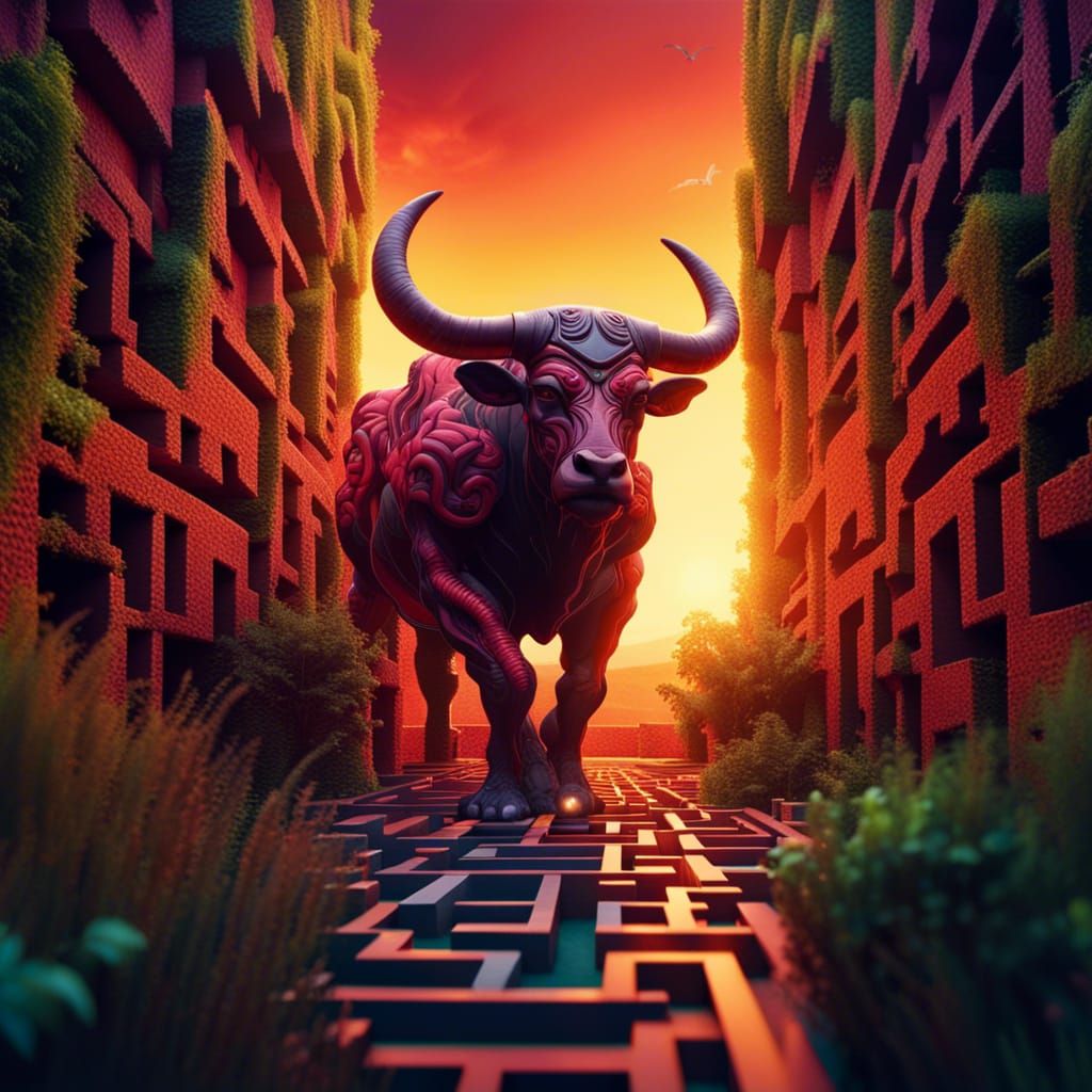 Hyperrealistic Minotaur in Lush Maze at Sunset