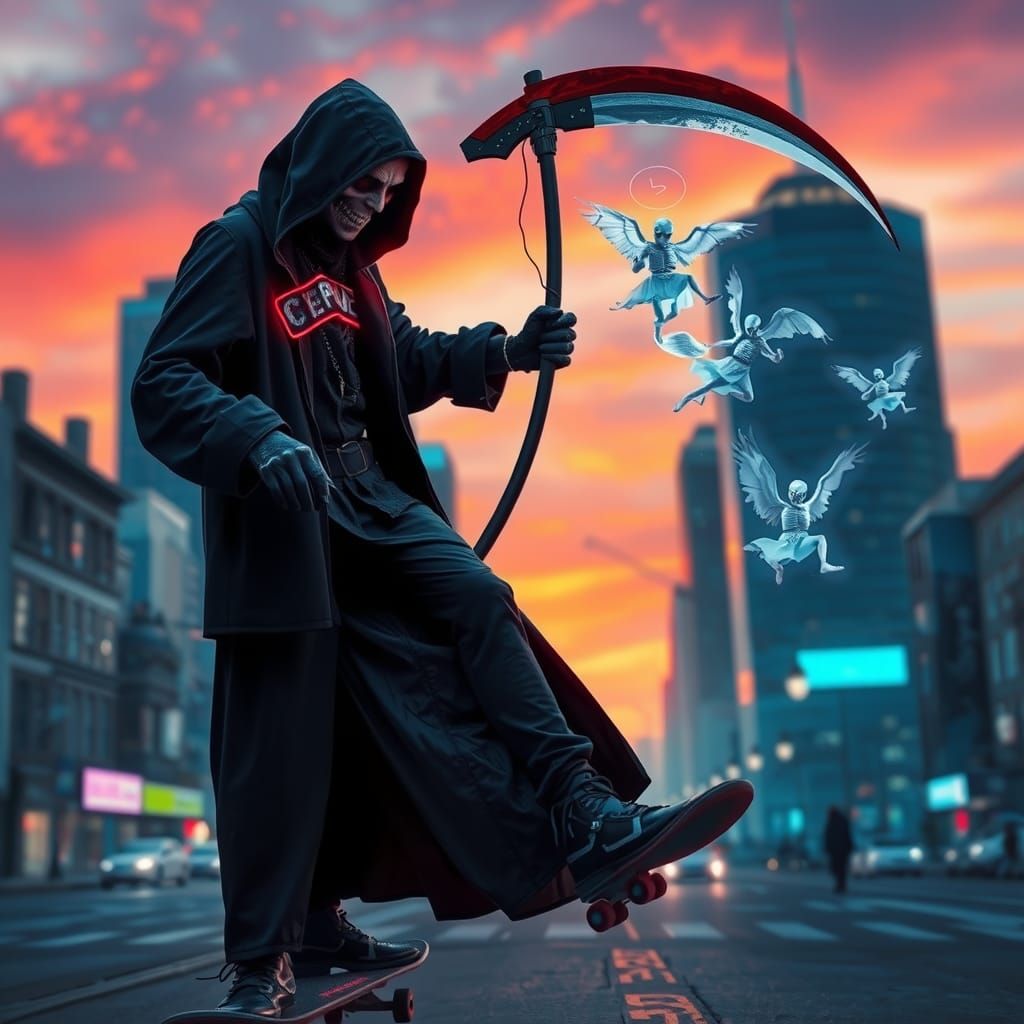 Grim Reaper Skateboarding at Dusk: Cinematic Digital Art