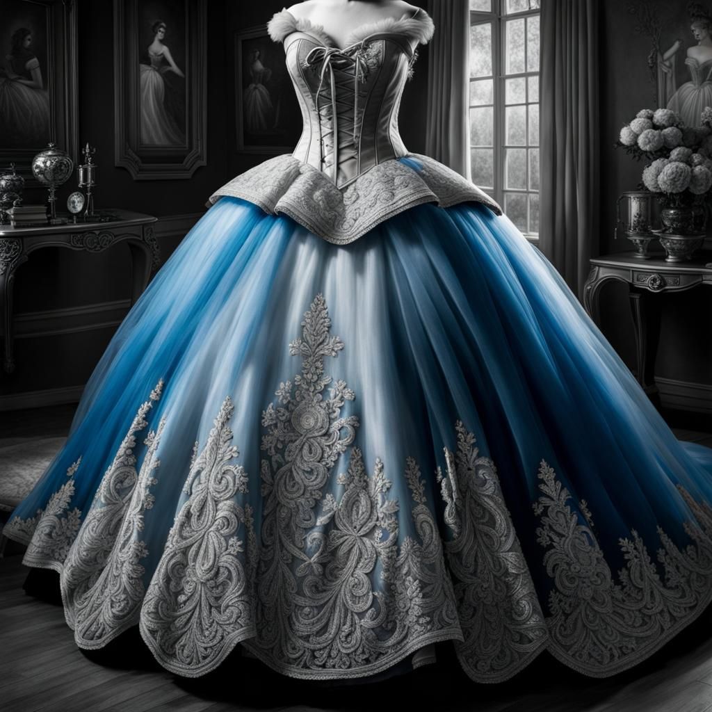 Cinderella's Vivid Blue Ballgown in Charcoal Portrait