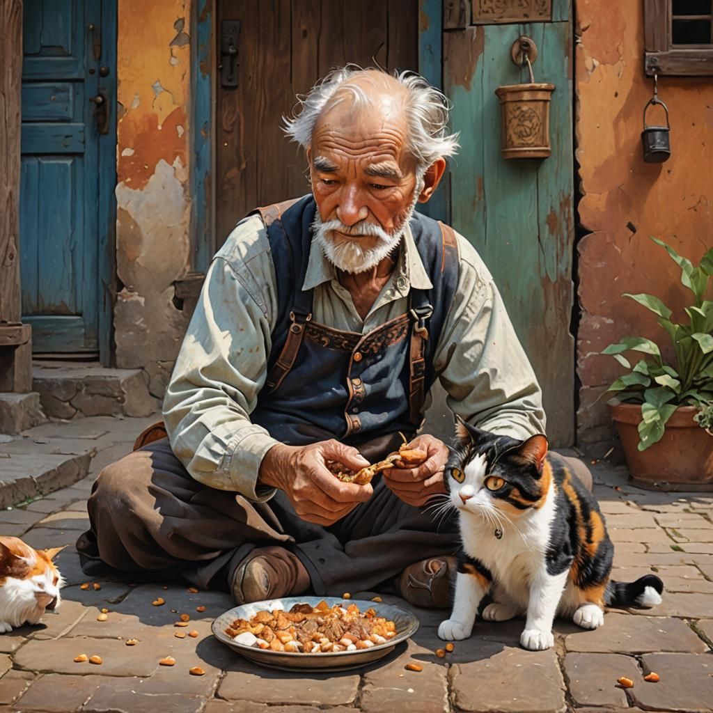 Old Man and Calico Cat: Hyperrealistic Concept Art