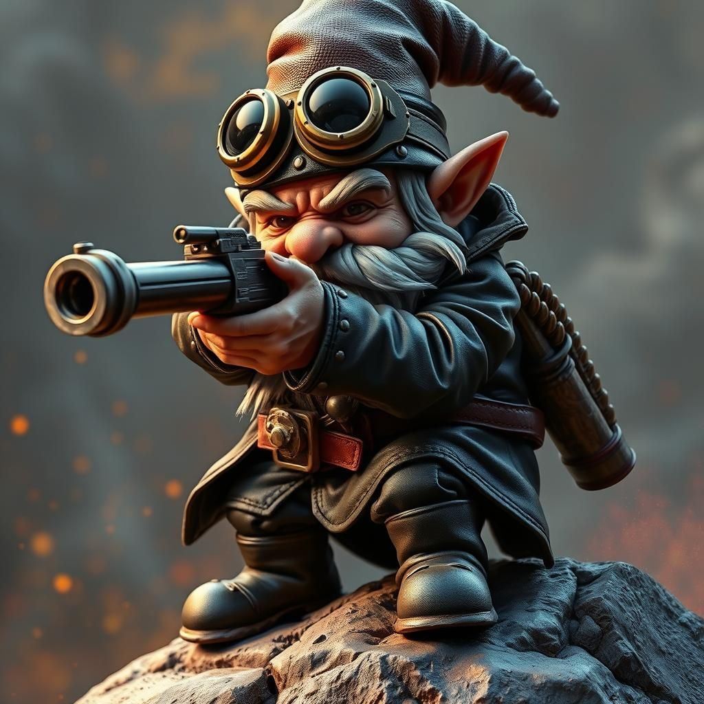 Steampunk Gnome Warrior Aiming Blunderbuss