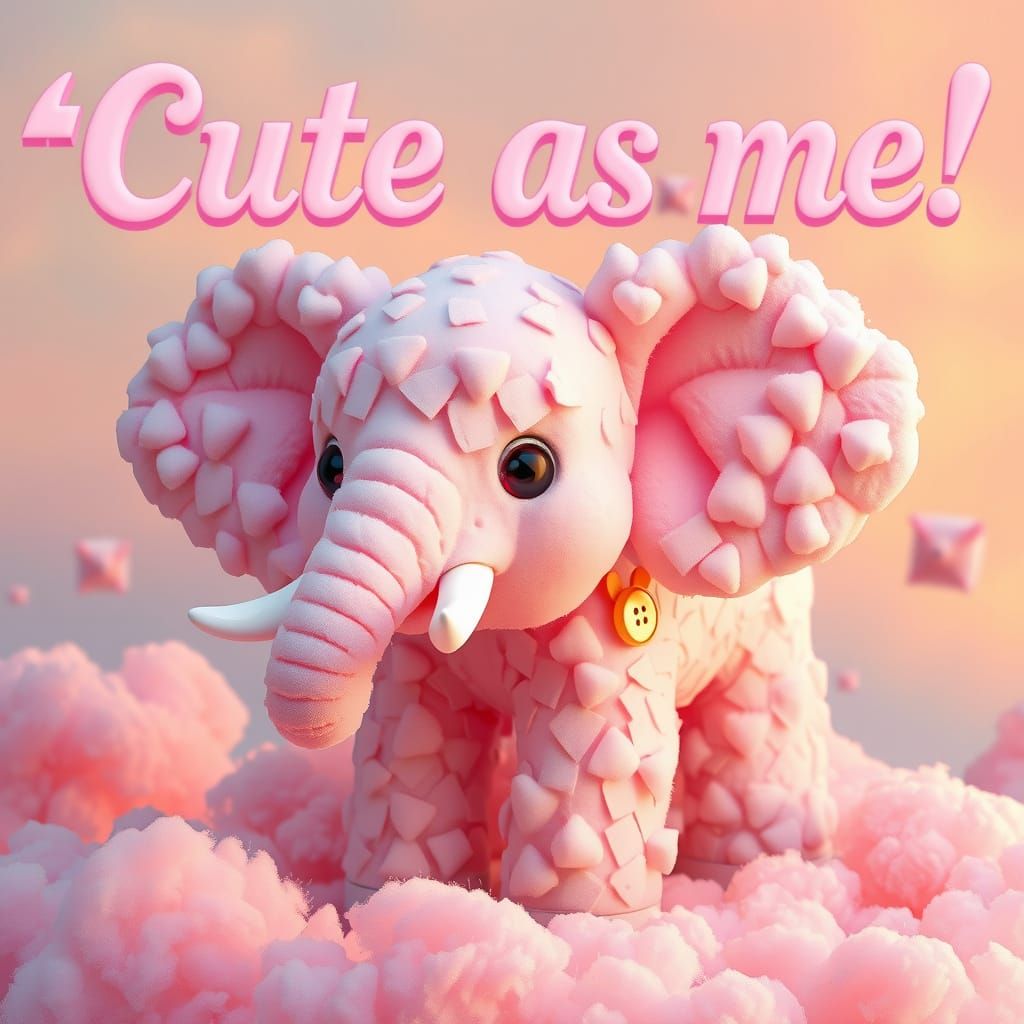 Cute elephant made of tiny chunks of puffy light pastel pink...
