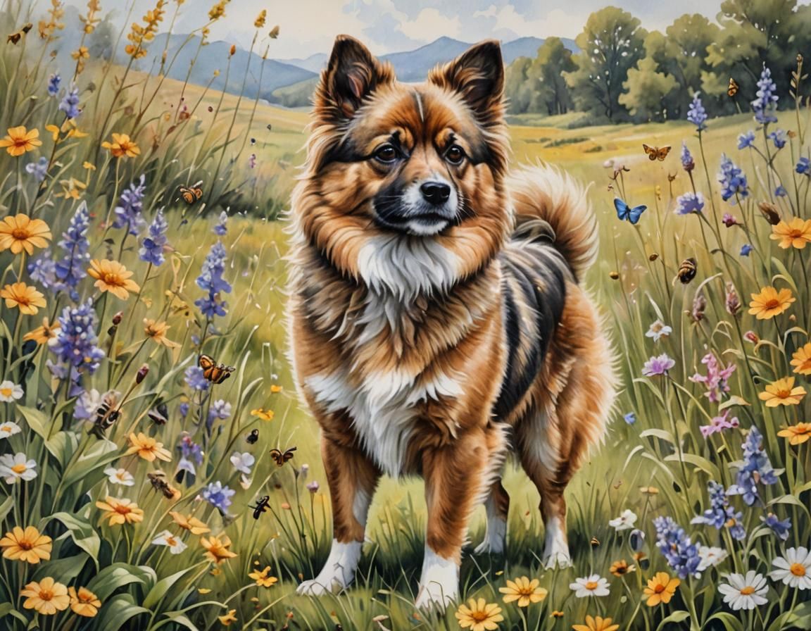 Hyperrealistic Watercolor of Fawn Brindle Spitz Dog