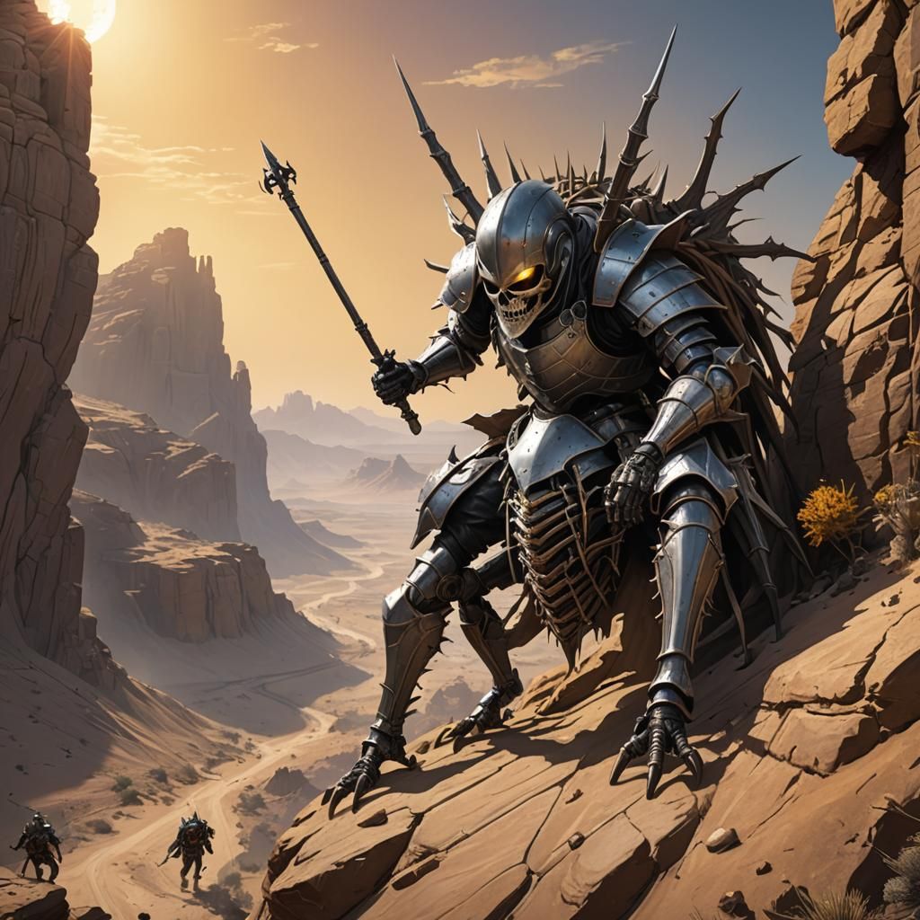 Armored Knight Rides Giant Spider in Desert Landscape
