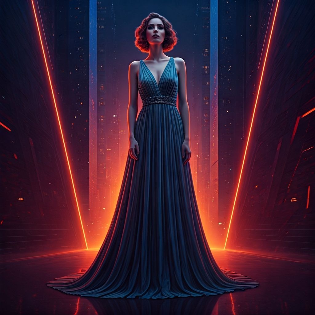 Elegant Woman in Cityscape with Neon Reflections