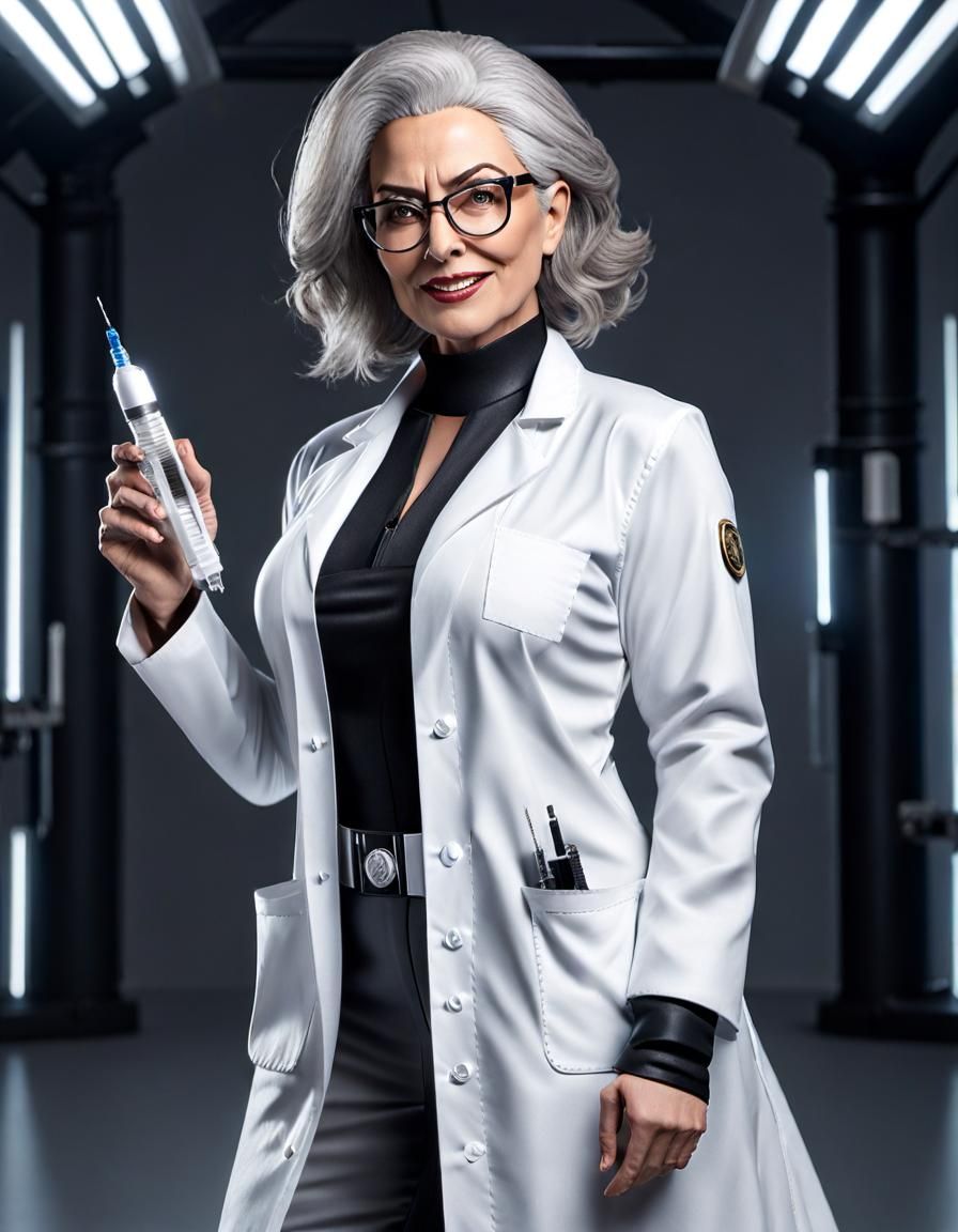 Curvy Woman as Evil Scientist in Dark Lab