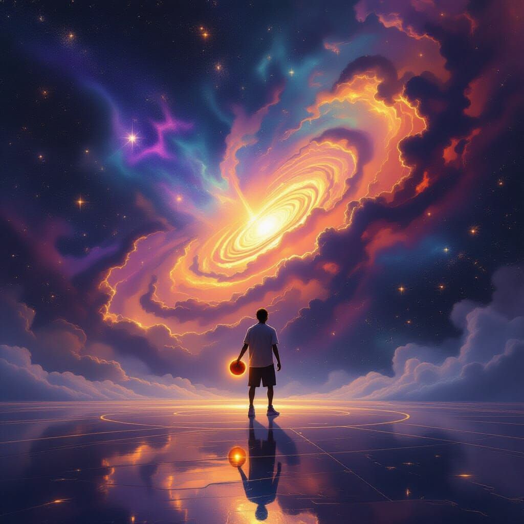 Cosmic Basketball Player Dribbling Starlight in Nebula