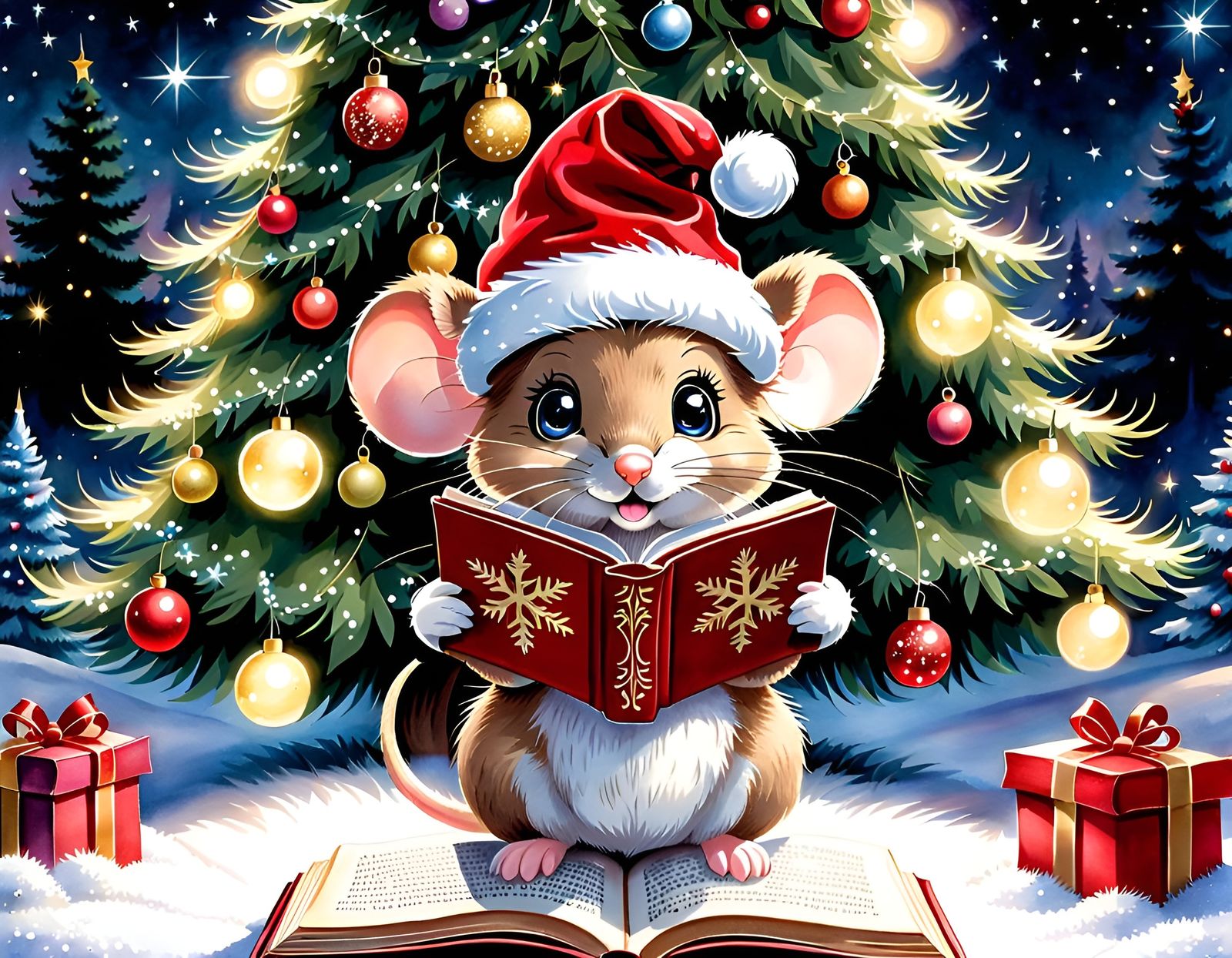 Adorable Mouse with Christmas Book, Watercolor Illustration