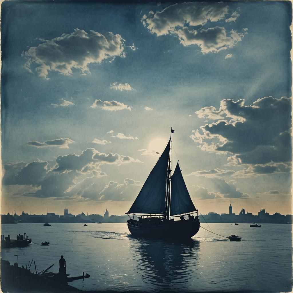 Silhouette Boat on Thames in Cyanotype Style