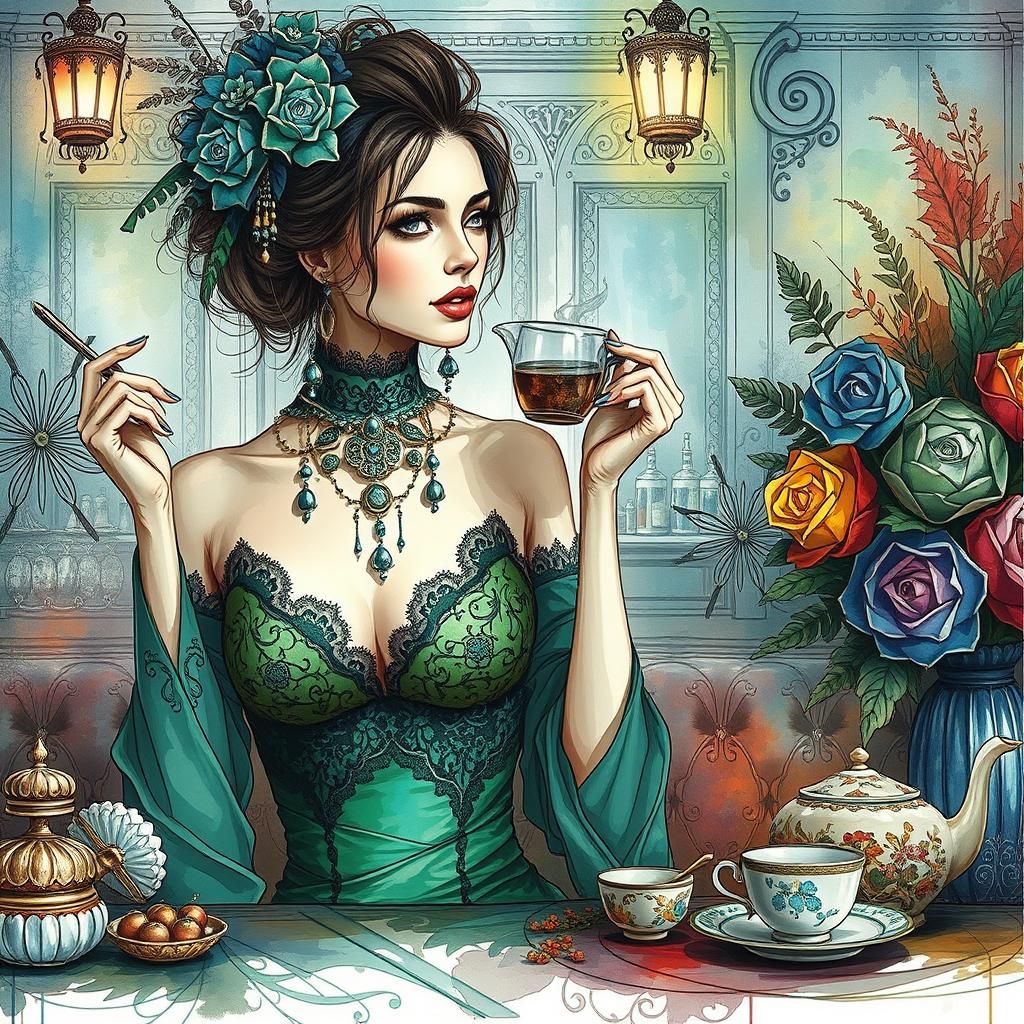 stunning woman, green  dress with lace, in a bar drinking te...