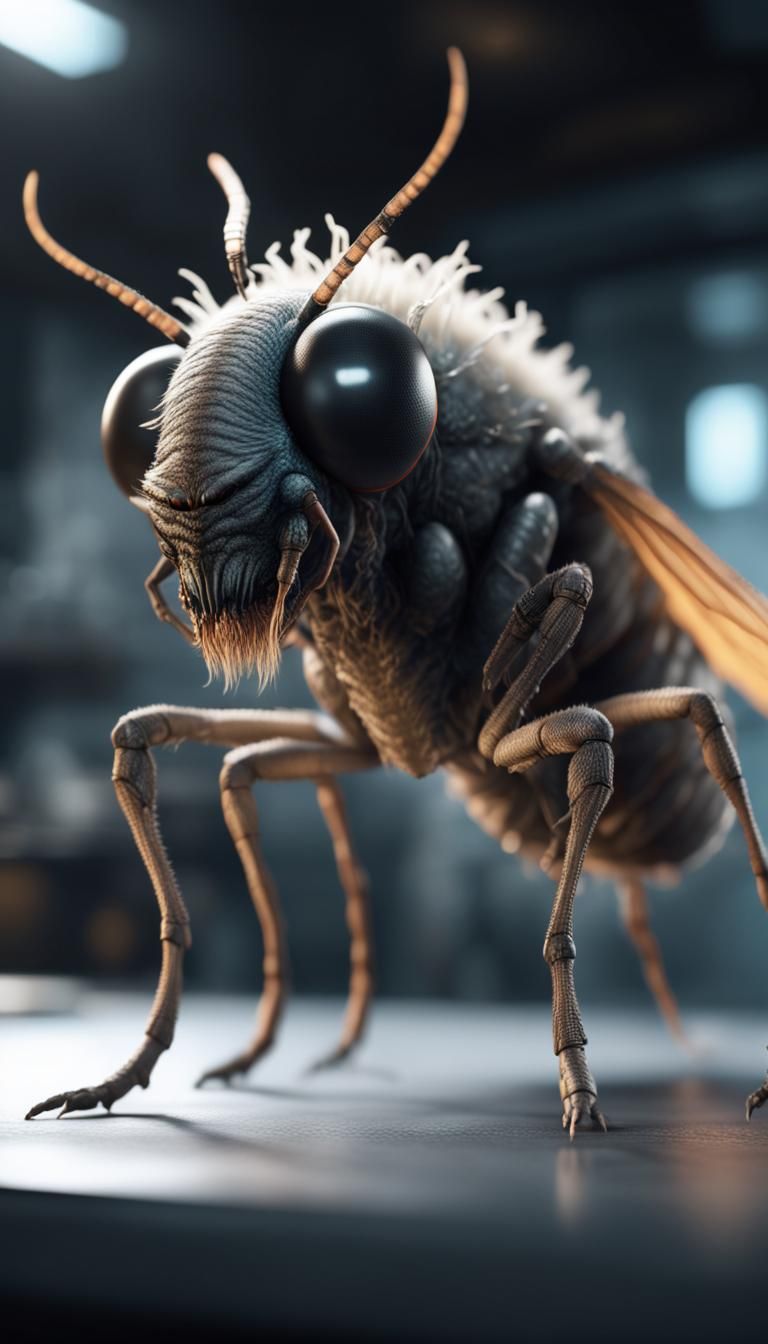 Eldritch Half-Man Half-Fly Monster in Dystopian Lab