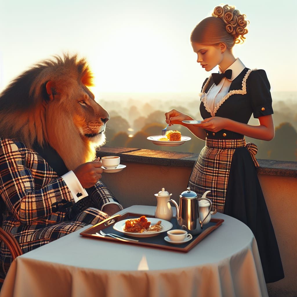 Lion in Plaid Suit at Sunrise