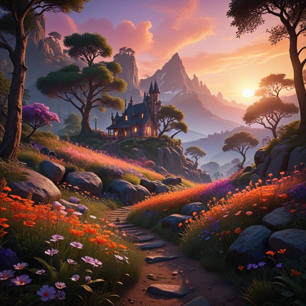 Whimsical Springscape at Sunset in Digital Watercolor Style