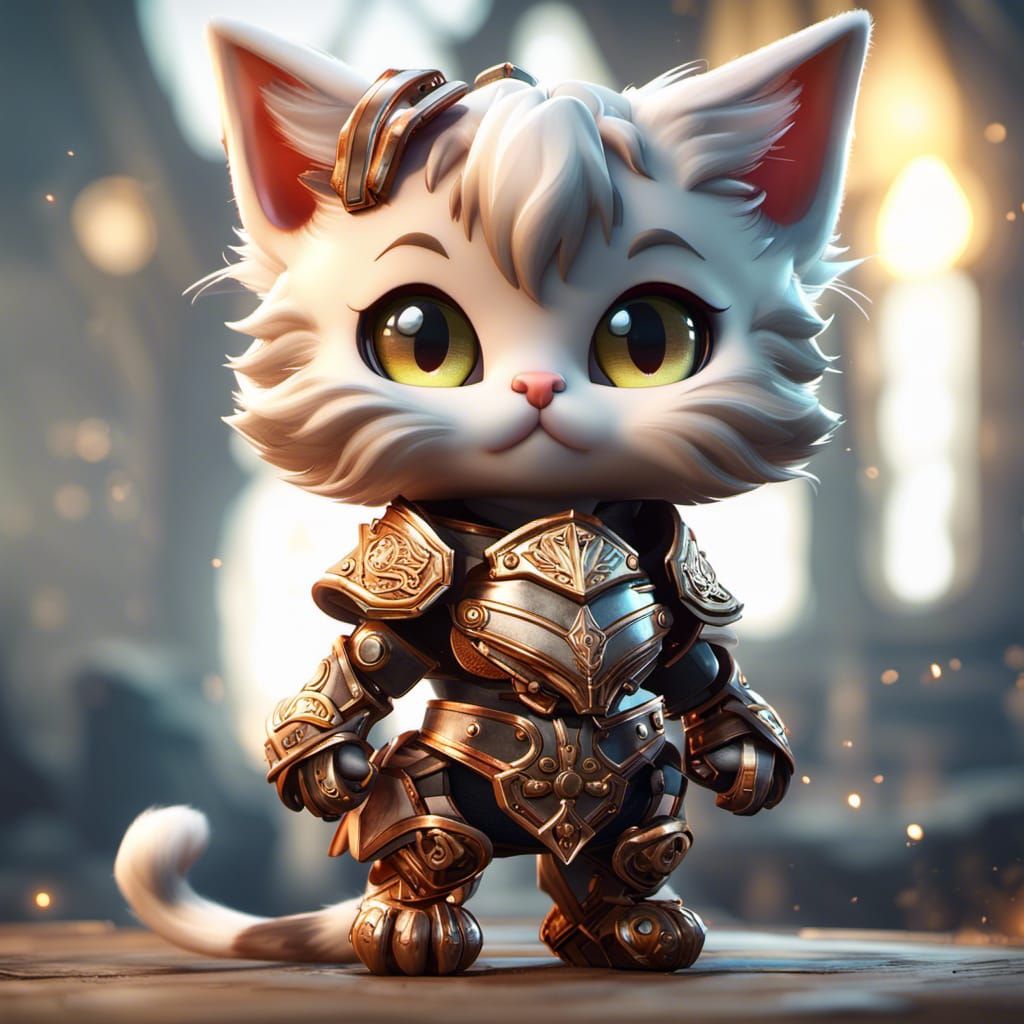 Chibi Kitten in Ornate Armor, 3D Render