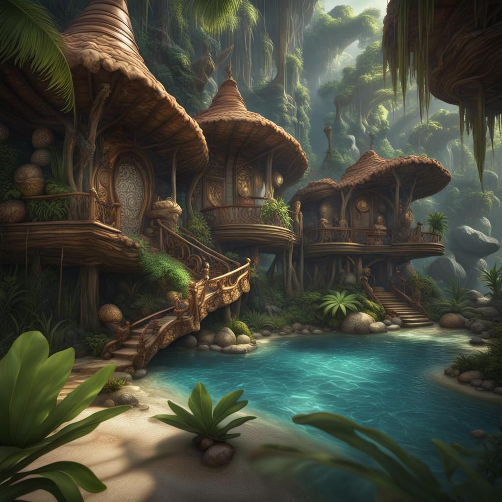 Seashell Home in Tropical Jungle, Detailed Matte Painting