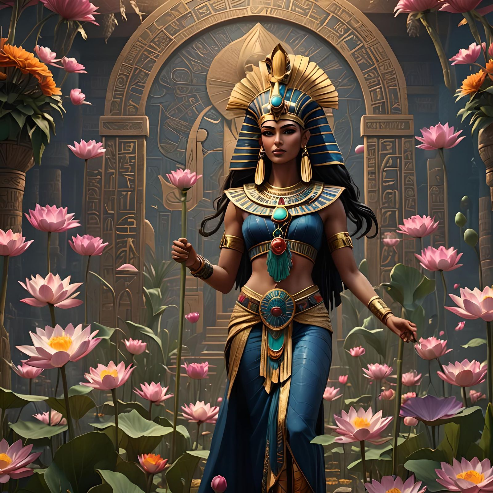 Hathor Among Lotus Flowers: Fantasy Concept Art