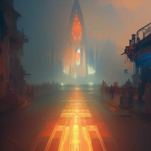 Dynamic Street Scene in Art Nouveau Style