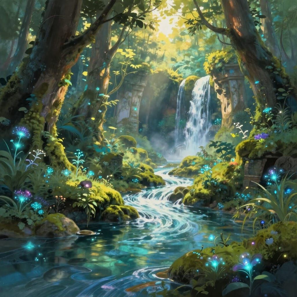 Bioluminescent Valley With Ancient Ruins and River
