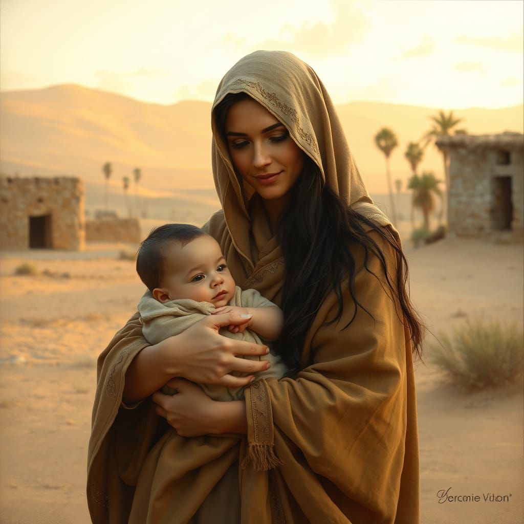 Biblical Mother and Child in Desert Landscape