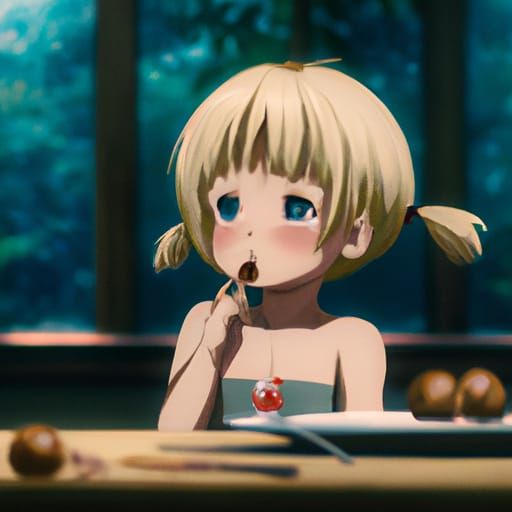 Anime Girl Eating Takoyaki in Ghibli Style