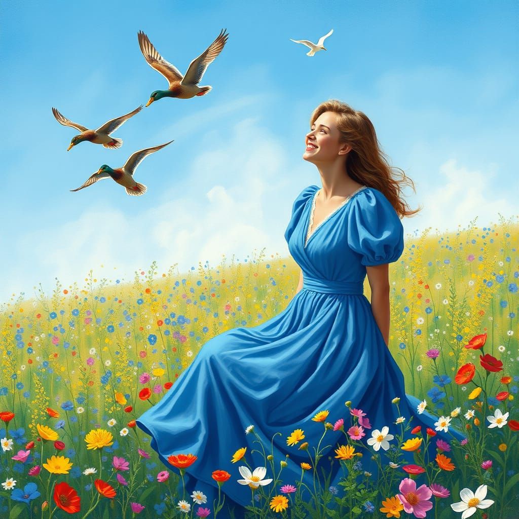 Elegant European Woman in Blue Gown, Surrounded by Golden Wh...